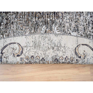 11'10"x11'10" Gray, Silk with Textured Wool, Hand Knotted, Transitional Persian Influence Erased Medallion Design, Oriental, Round Rug FWR382356