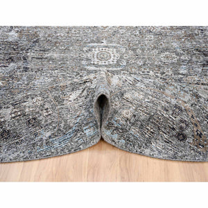 11'10"x11'10" Gray, Silk with Textured Wool, Hand Knotted, Transitional Persian Influence Erased Medallion Design, Oriental, Round Rug FWR382356