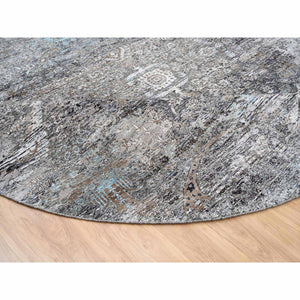 11'10"x11'10" Gray, Silk with Textured Wool, Hand Knotted, Transitional Persian Influence Erased Medallion Design, Oriental, Round Rug FWR382356