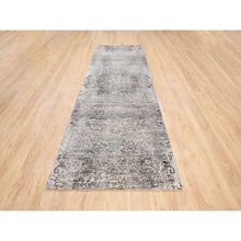 Load image into Gallery viewer, 4&#39;x12&#39; Gray, Transitional Persian Influence Erased Medallion Design, Silk With Textured Wool, Hand Knotted, Oriental, Wide Runner, Rug FWR382392