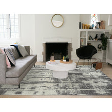 Load image into Gallery viewer, 9&#39;x12&#39; Charcoal Black, Tone On Tone, Modern Design, Jacquard Hand Loomed, Wool and Plant Based Silk, Oriental Rug FWR382488