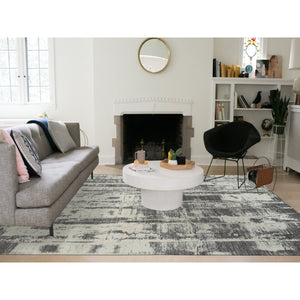 9'x12' Charcoal Black, Tone On Tone, Modern Design, Jacquard Hand Loomed, Wool and Plant Based Silk, Oriental Rug FWR382488