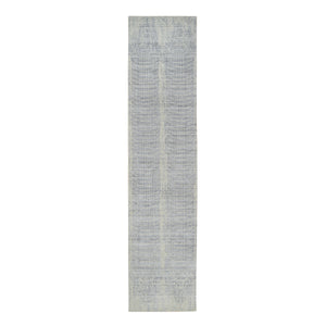 2'6"x12' Gray, Tone On Tone Transitional Erased Design, Jacquard Hand Loomed, Wool And Plant Based Silk, Oriental, Runner Rug FWR382524