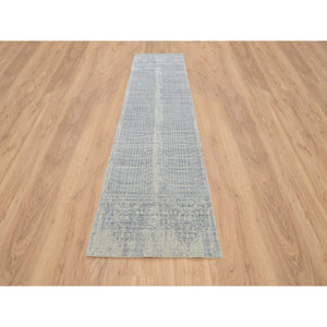 2'6"x12' Gray, Tone On Tone Transitional Erased Design, Jacquard Hand Loomed, Wool And Plant Based Silk, Oriental, Runner Rug FWR382524