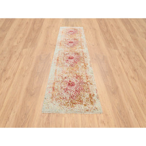 2'6"x11'10" Pink, Hand Knotted, Persian Erased Medallion Design, Wool and Pure Silk, Oriental, Runner Rug FWR382554