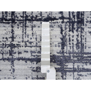 7'10"x10' Charcoal Black, Hand Loomed, Modern Erased Lines Design, Wool and Plant Based Silk, Oriental Rug FWR382728
