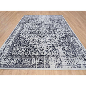 9'x11'10" Charcoal Black, Erased Serapi Heriz Design, Jacquard Hand Loomed, Wool and Plant Based Silk, Oriental Rug FWR382740