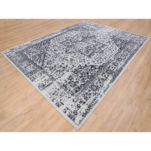 9'x11'10" Charcoal Black, Erased Serapi Heriz Design, Jacquard Hand Loomed, Wool and Plant Based Silk, Oriental Rug FWR382740