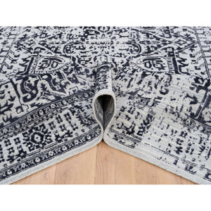 9'x11'10" Charcoal Black, Erased Serapi Heriz Design, Jacquard Hand Loomed, Wool and Plant Based Silk, Oriental Rug FWR382740