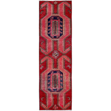 Load image into Gallery viewer, 2&#39;7&quot;x8&#39;8&quot; Scarlet Red, Vintage Persian Hamadan with Geometric Pattern, Small Bird Figurines, Shaved Down, Zero Pile, Sides and Ends Professionally Secured, Hand Knotted, Pure Wool, Runner, Oriental Rug Sh637 FWR3822