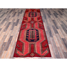 Load image into Gallery viewer, 2&#39;7&quot;x8&#39;8&quot; Scarlet Red, Vintage Persian Hamadan with Geometric Pattern, Small Bird Figurines, Shaved Down, Zero Pile, Sides and Ends Professionally Secured, Hand Knotted, Pure Wool, Runner, Oriental Rug Sh637 FWR3822