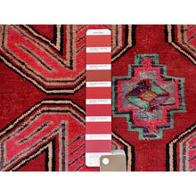 Load image into Gallery viewer, 2&#39;7&quot;x8&#39;8&quot; Scarlet Red, Vintage Persian Hamadan with Geometric Pattern, Small Bird Figurines, Shaved Down, Zero Pile, Sides and Ends Professionally Secured, Hand Knotted, Pure Wool, Runner, Oriental Rug Sh637 FWR3822