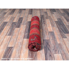 Load image into Gallery viewer, 2&#39;7&quot;x8&#39;8&quot; Scarlet Red, Vintage Persian Hamadan with Geometric Pattern, Small Bird Figurines, Shaved Down, Zero Pile, Sides and Ends Professionally Secured, Hand Knotted, Pure Wool, Runner, Oriental Rug Sh637 FWR3822