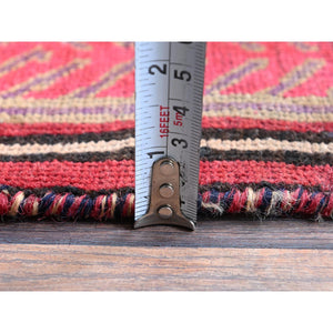 2'7"x8'8" Scarlet Red, Vintage Persian Hamadan with Geometric Pattern, Small Bird Figurines, Shaved Down, Zero Pile, Sides and Ends Professionally Secured, Hand Knotted, Pure Wool, Runner, Oriental Rug Sh637 FWR3822