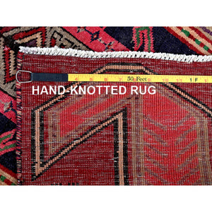2'7"x8'8" Scarlet Red, Vintage Persian Hamadan with Geometric Pattern, Small Bird Figurines, Shaved Down, Zero Pile, Sides and Ends Professionally Secured, Hand Knotted, Pure Wool, Runner, Oriental Rug Sh637 FWR3822