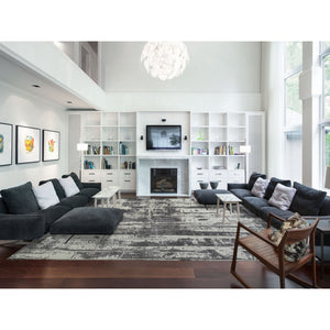 12'x15' Charcoal Black, Tone On Tone, Modern Design, Jacquard Hand Loomed, Wool and Plant Based Silk, Oriental, Oversized, Rug FWR382818