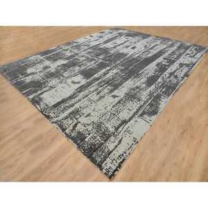 12'x15' Charcoal Black, Tone On Tone, Modern Design, Jacquard Hand Loomed, Wool and Plant Based Silk, Oriental, Oversized, Rug FWR382818