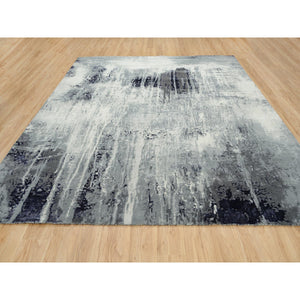10'x10' Black With Touches Of Ivory, Abstract Design, Wool And Silk, Hand Knotted, Oriental, Square, Rug FWR382848