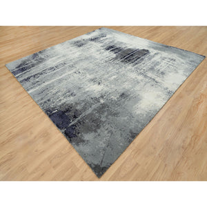 10'x10' Black With Touches Of Ivory, Abstract Design, Wool And Silk, Hand Knotted, Oriental, Square, Rug FWR382848