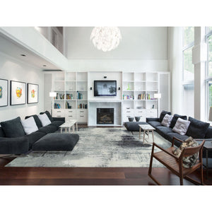 12'1"x15' Black with Touches of Ivory, Hand Knotted, Abstract Design, Wool and Silk, Oriental, Oversized, Rug FWR382854