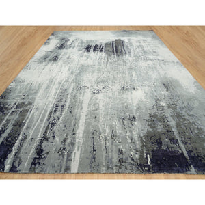 12'1"x15' Black with Touches of Ivory, Hand Knotted, Abstract Design, Wool and Silk, Oriental, Oversized, Rug FWR382854