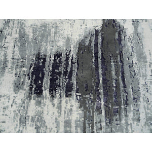 12'1"x15' Black with Touches of Ivory, Hand Knotted, Abstract Design, Wool and Silk, Oriental, Oversized, Rug FWR382854