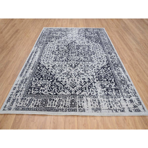 8'x10' Charcoal Black, Wool and Plant Based Silk, Erased Serapi Heriz Design, Jacquard Hand Loomed, Oriental Rug FWR382860