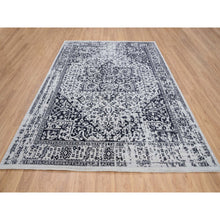 Load image into Gallery viewer, 8&#39;x10&#39; Charcoal Black, Wool And Plant Based Silk, Erased Serapi Heriz Design, Jacquard Hand Loomed, Oriental Rug FWR382860