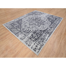 Load image into Gallery viewer, 8&#39;x10&#39; Charcoal Black, Wool and Plant Based Silk, Erased Serapi Heriz Design, Jacquard Hand Loomed, Oriental Rug FWR382860