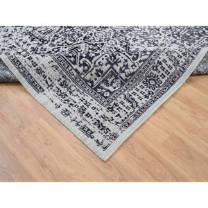 8'x10' Charcoal Black, Wool and Plant Based Silk, Erased Serapi Heriz Design, Jacquard Hand Loomed, Oriental Rug FWR382860