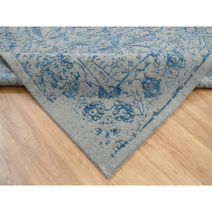 12'x12' Gray, Fine Jacquard Hand Loomed, Sickle Leaf Design, Wool and Plant Based Silk, Oriental, Square Rug FWR382932