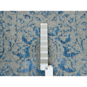 12'x12' Gray, Fine Jacquard Hand Loomed, Sickle Leaf Design, Wool And Plant Based Silk, Oriental, Square Rug FWR382932