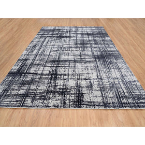 9'x11'10" Charcoal Black, Modern Erased Lines Design, Wool and Plant Based Silk, Hand Loomed, Oriental Rug FWR382956