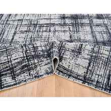 Load image into Gallery viewer, 9&#39;x11&#39;10&quot; Charcoal Black, Modern Erased Lines Design, Wool and Plant Based Silk, Hand Loomed, Oriental Rug FWR382956