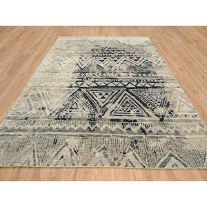 9'1"x12' Gray, Supple Collection Erased Ethnic Geometric Design, Pure Wool Thick And Plush Hand Knotted, Oriental Rug FWR383250