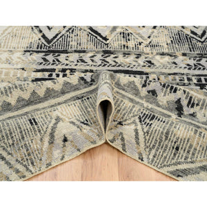 9'1"x12' Gray, Supple Collection Erased Ethnic Geometric Design, Pure Wool Thick And Plush Hand Knotted, Oriental Rug FWR383250