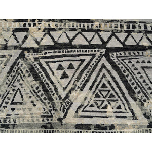 9'1"x12' Gray, Supple Collection Erased Ethnic Geometric Design, Pure Wool Thick And Plush Hand Knotted, Oriental Rug FWR383250