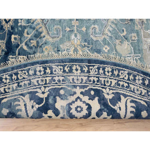 11'10"x11'10" Navy Blue, Broken Persian Heriz Erased Design Wool And Silk, Hand Knotted, Round Oriental Rug FWR383358