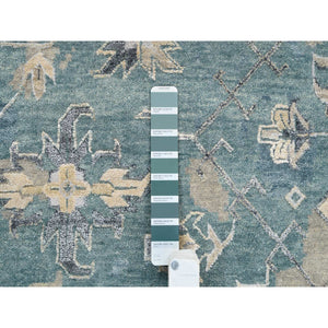11'10"x11'10" Navy Blue, Broken Persian Heriz Erased Design Wool And Silk, Hand Knotted, Round Oriental Rug FWR383358