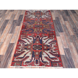 2'1"x5'4" Crimson Red, Vintage Persian Heriz with Eagle Kazak Design, Shaved Down, Zero Pile, Sides and Ends Professionally Secured, Hand Knotted, Pure Wool, Short & Narrow Runner, Oriental Rug FWR3828