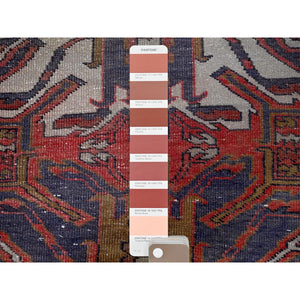 2'1"x5'4" Crimson Red, Vintage Persian Heriz with Eagle Kazak Design, Shaved Down, Zero Pile, Sides and Ends Professionally Secured, Hand Knotted, Pure Wool, Short & Narrow Runner, Oriental Rug FWR3828