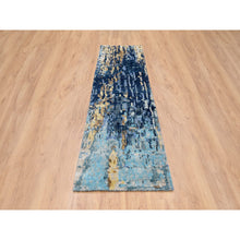 Load image into Gallery viewer, 2&#39;8&quot;x9&#39;9&quot; Denim Blue With Mix Of Gold, Hand Knotted, Mosaic Design Wool And Silk, Runner Persian Knot Oriental Rug FWR383460