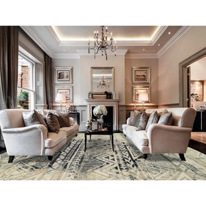 9'9"x13'10" Gray, Supple Collection Erased Ethnic Geometric Design, Pure Wool Thick and Plush Hand Knotted, Oriental Rug FWR383526