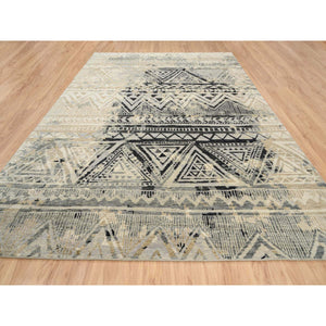 9'9"x13'10" Gray, Supple Collection Erased Ethnic Geometric Design, Pure Wool Thick and Plush Hand Knotted, Oriental Rug FWR383526