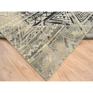 9'9"x13'10" Gray, Supple Collection Erased Ethnic Geometric Design, Pure Wool Thick and Plush Hand Knotted, Oriental Rug FWR383526