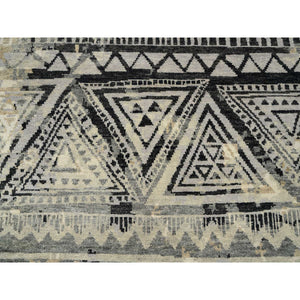 9'9"x13'10" Gray, Supple Collection Erased Ethnic Geometric Design, Pure Wool Thick and Plush Hand Knotted, Oriental Rug FWR383526