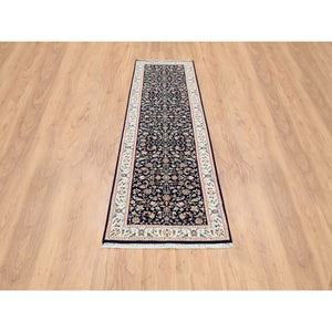 2'8"x10' Midnight Blue, 250 Kpsi Wool Hand Knotted, Nain All Over Flower Design, Runner Oriental Rug FWR383916