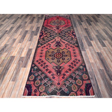 Load image into Gallery viewer, 3&#39;1&#39;x9&#39; Blush Red, Ovedyed Vintage Persian Lilahan with Distinct Abrash, Shaved Down, Zero Pile, Sides and Ends Professionally Secured, Hand Knotted, Pure Wool, Runner, Oriental Rug FWR3834