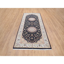 Load image into Gallery viewer, 4&#39;2&quot;x10&#39;4&quot; Midnight Blue, Hand Knotted Nain With Center Medallion Flower Design, 250 Kpsi Wool, Wide Runner Oriental Rug FWR384042