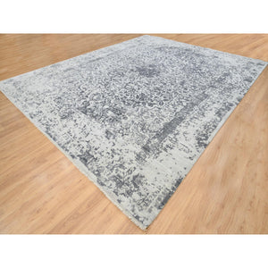12'1"x15'1" Silver Gray, Wool and Pure Silk Hand Knotted, Erased Persian Design, Oversized Oriental Rug FWR384324